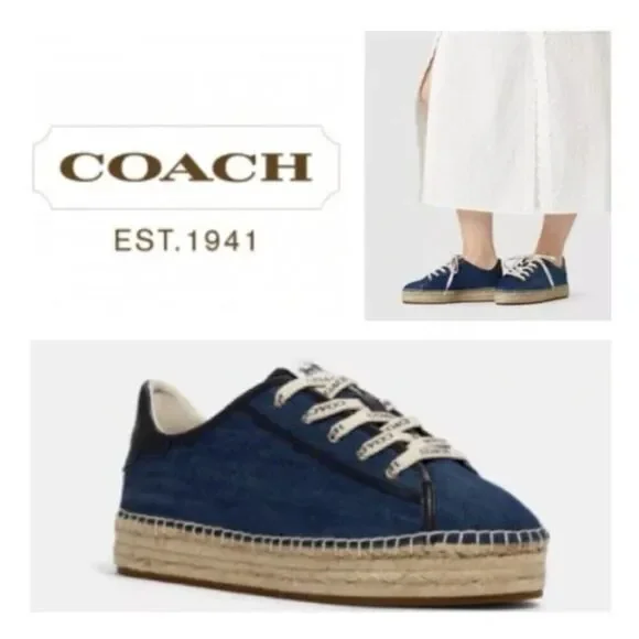 NEW Coach Cate Denim Espadrille Sneakers sz 7.5 Blue Jute Platform Summer Shoes - Picture 1 of 7